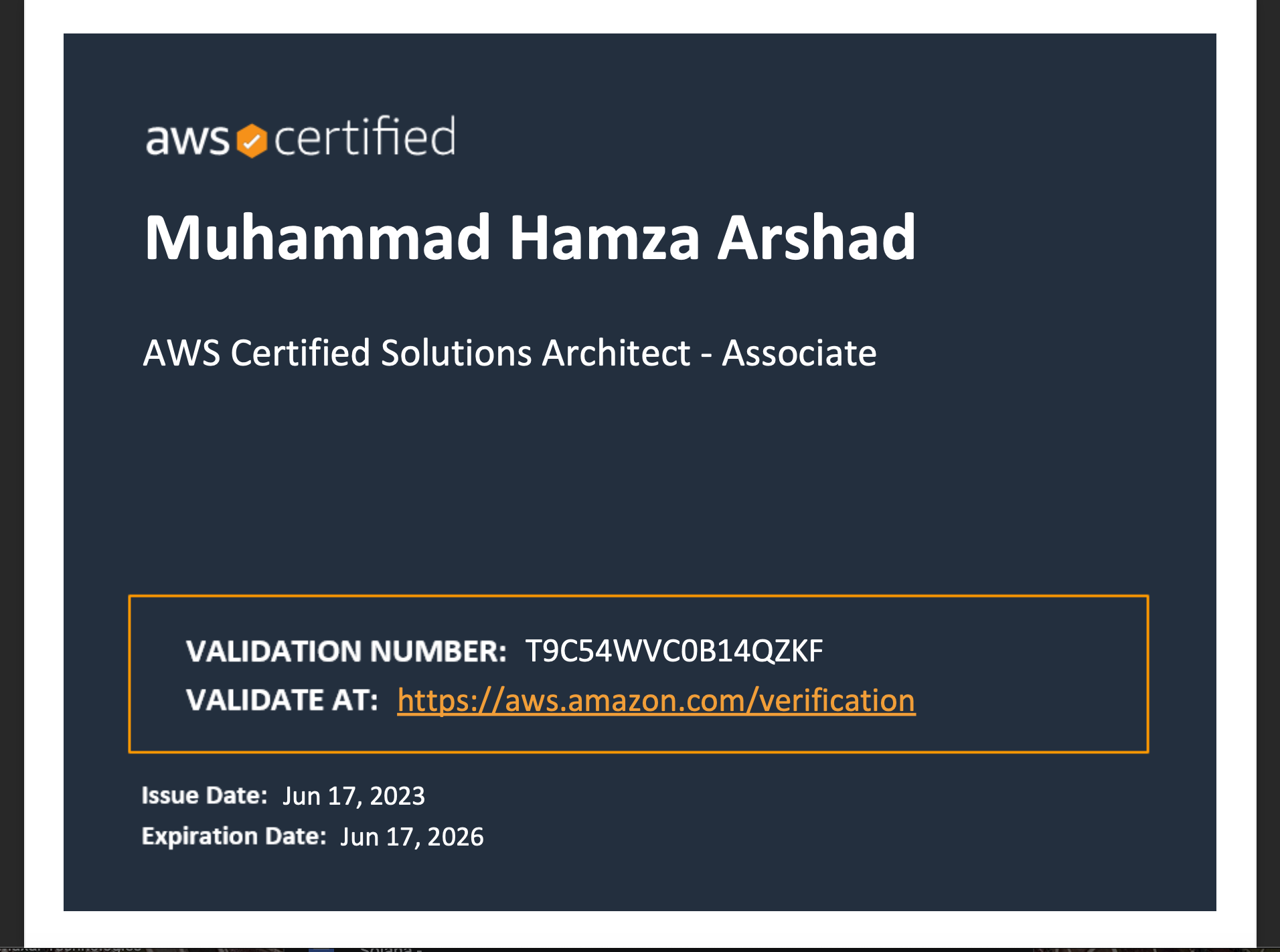 AWS Certified Solutions Architect Associate certificate